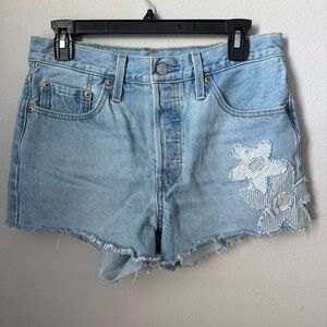 Levi’s 501 Light Blue Denim Shorts with Floral Embroidery